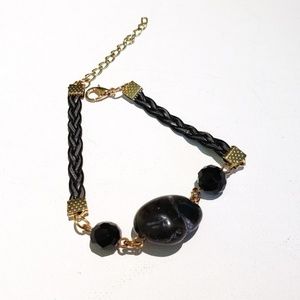 Black Stone & Leather Braided Bracelet
